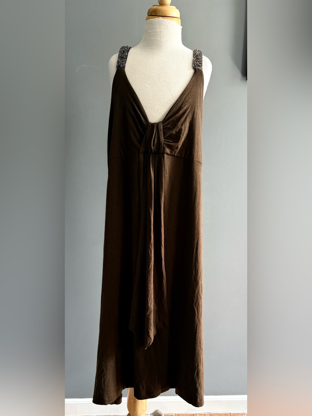 Y2K Women's Brown Twist-Front  Midi Dress with Beaded Straps